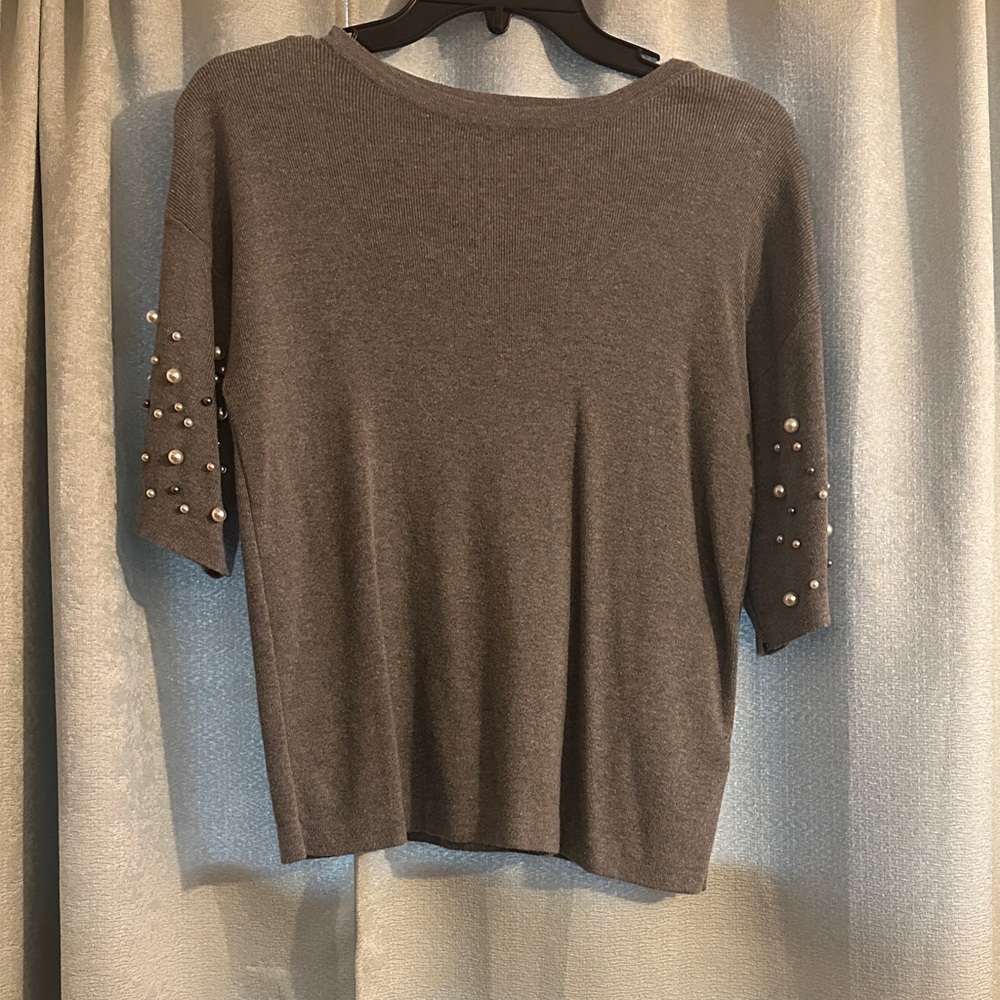 Gray Sweater Top with Pearl Embellishments